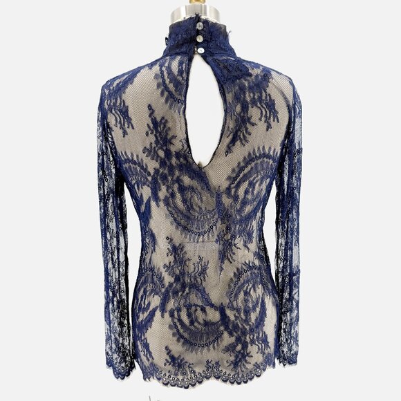 Romantic Lace Sheer Mesh Long Sleeve Layering Top  Blouse Mock Neck S Blue - Picture 4 of 7